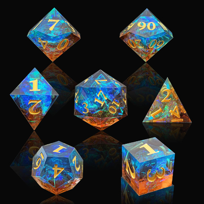 Un jeu de dés en résine tranchante multi-couleurs