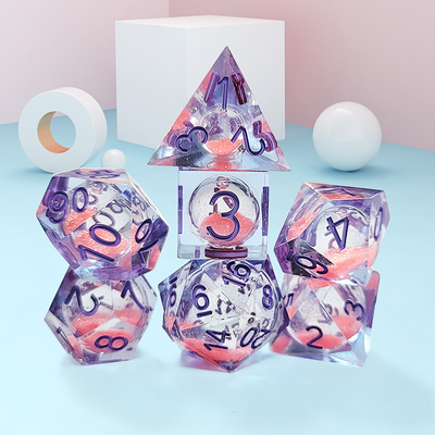 Résine de sable liquide rose à débit de résine à dés polyédrique multi - jeu de dés de tablettes à nouilles