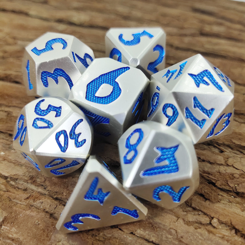 Ensemble de 7 pièces de luxe robuste pour donjon et Dragon versant des dés polyédriques bleu argent pour jeu Rpg et mdn